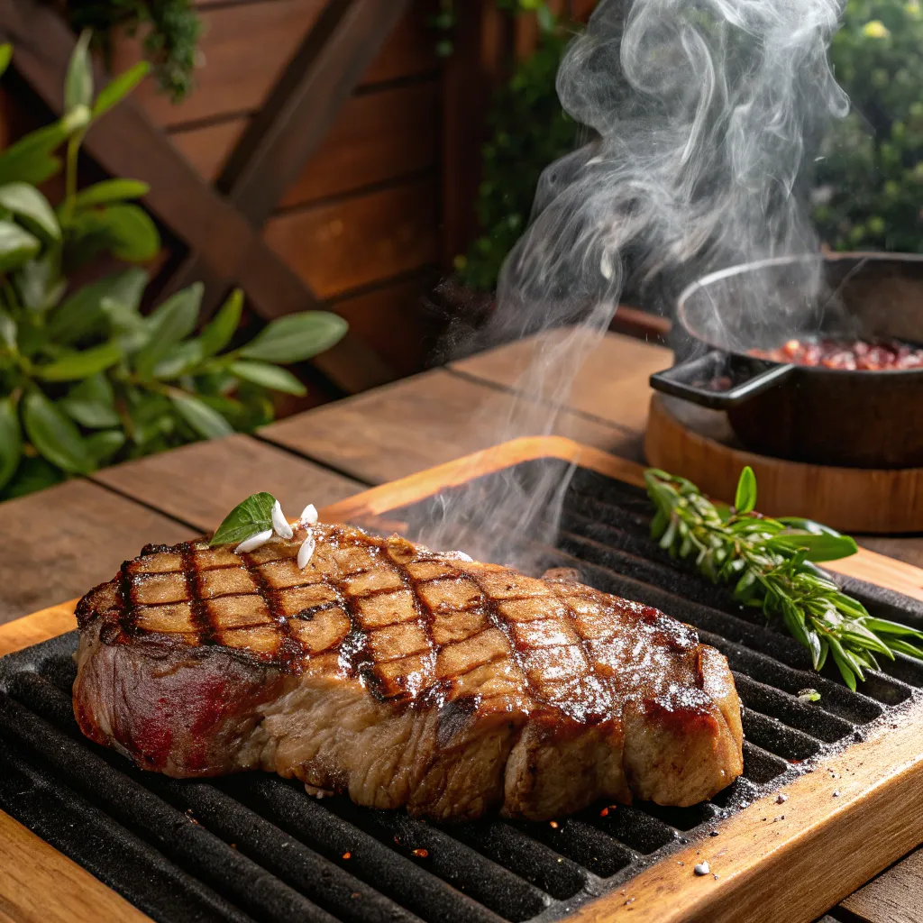 Delicious grilled steak sizzling on the barbecue