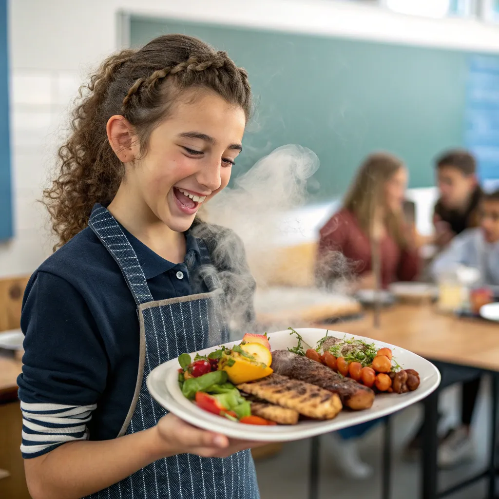 A delighted student presenting grilled food